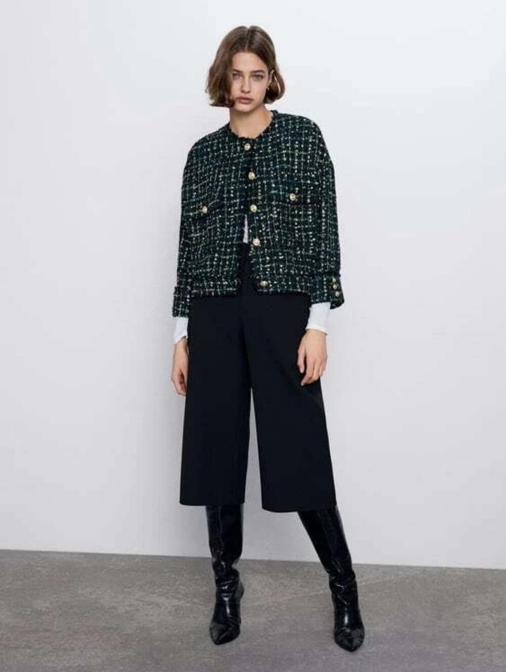 Zara Dark Green Bouclé Tweed Bomber Jacket with Gold Buttons, Size S Classic